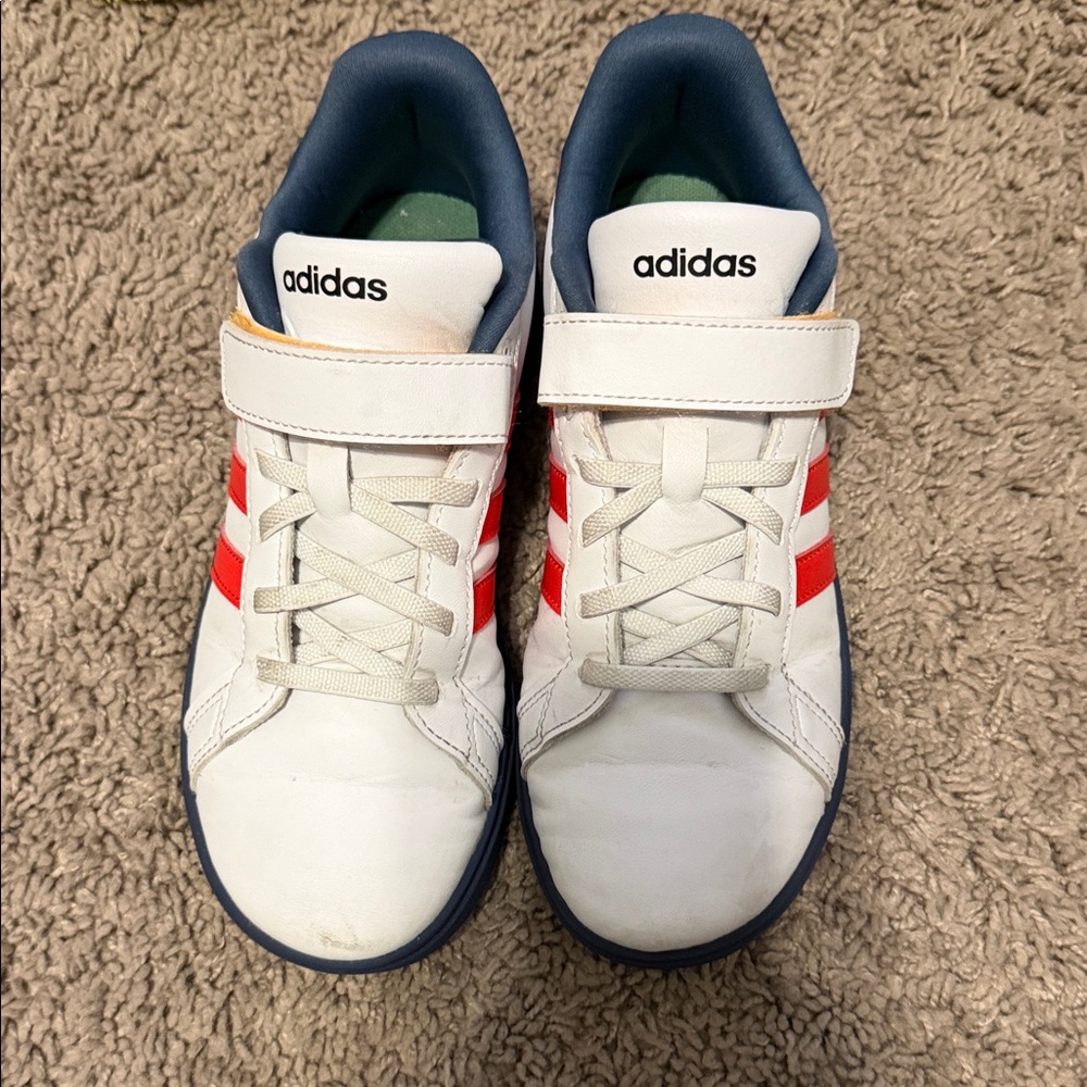 Adidas Kids White and Red Sneakers with Blue Accents